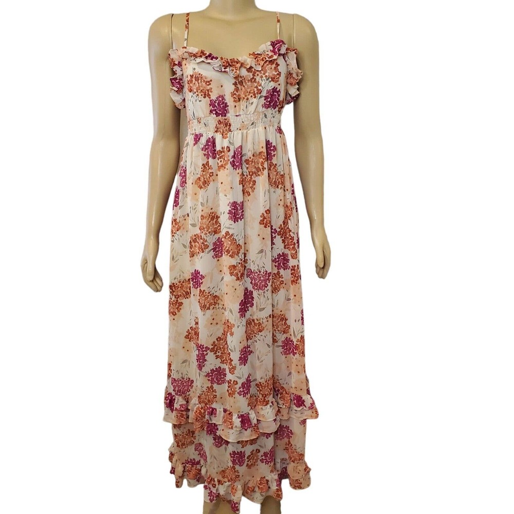 Elle Women's Maxi Dress Size XS Peach Floral Thin Strap Smock V-neck Lined